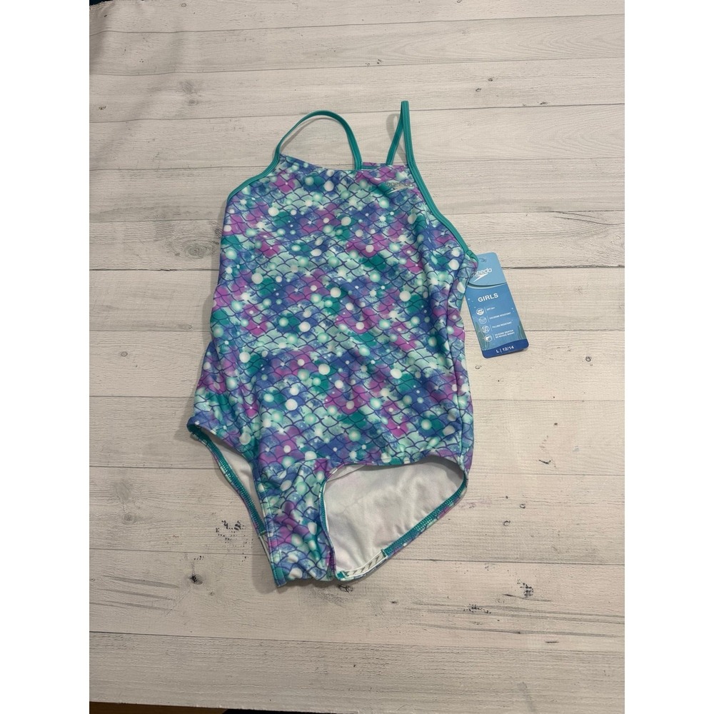 Speedo Girls Thin Strap One Piece Swimsuit‎ purple aqua size 12/14 NEW